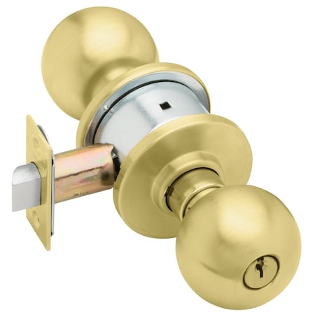 Grade 2 Entrance Cylindrical Lock, Orbit Knob, Conventional Cylinder, Satin Brass Finish, Non-handed